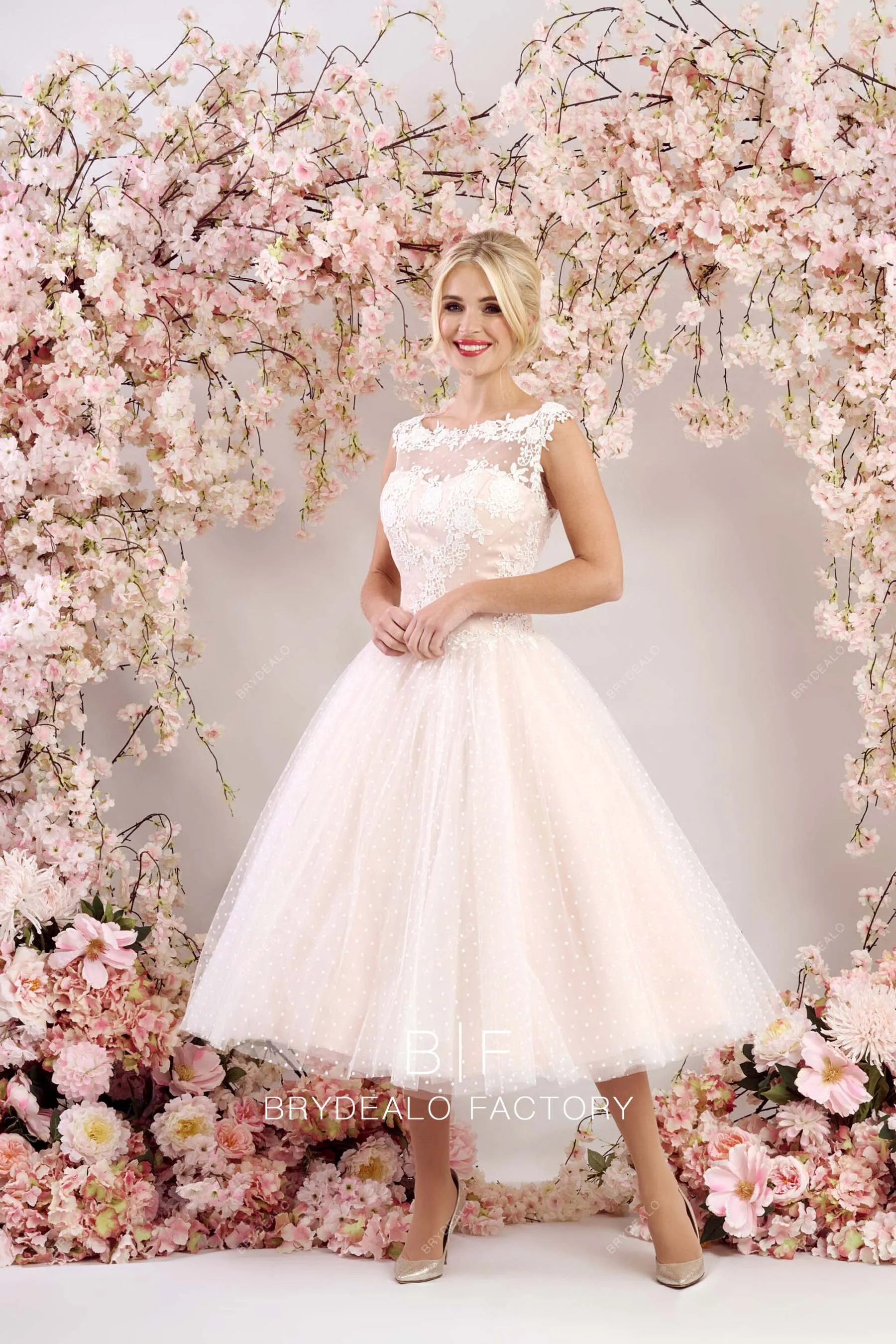 Vintage Blush Pink Dot Tulle Lace Illusion Neck Tea Length Bridal Gown