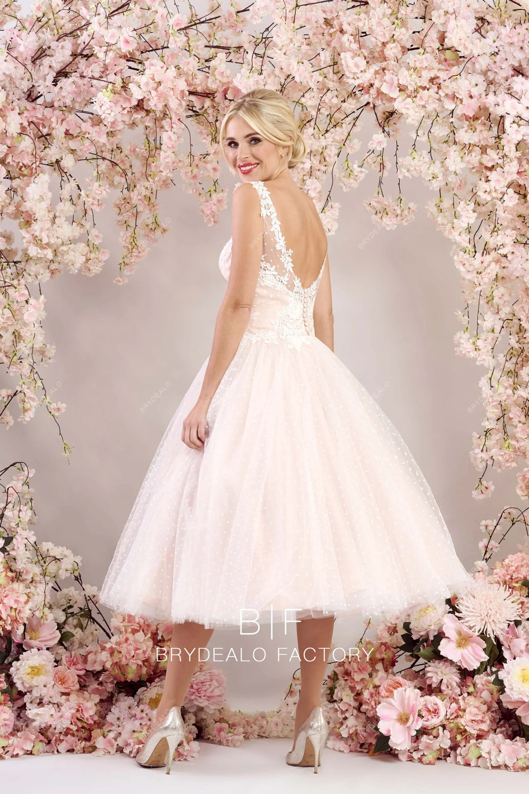Vintage Blush Pink Dot Tulle Lace Illusion Neck Tea Length Bridal Gown