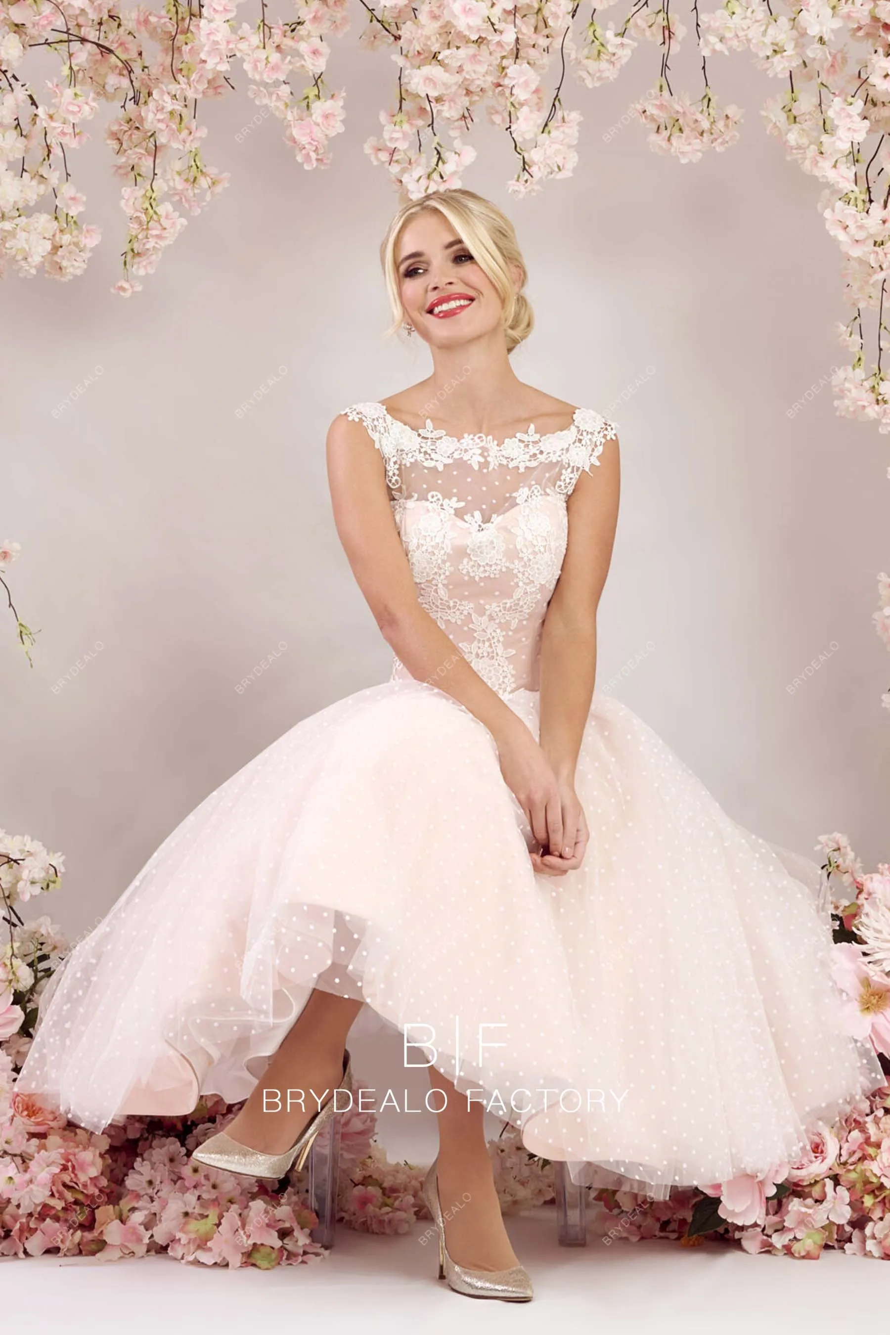 Vintage Blush Pink Dot Tulle Lace Illusion Neck Tea Length Bridal Gown