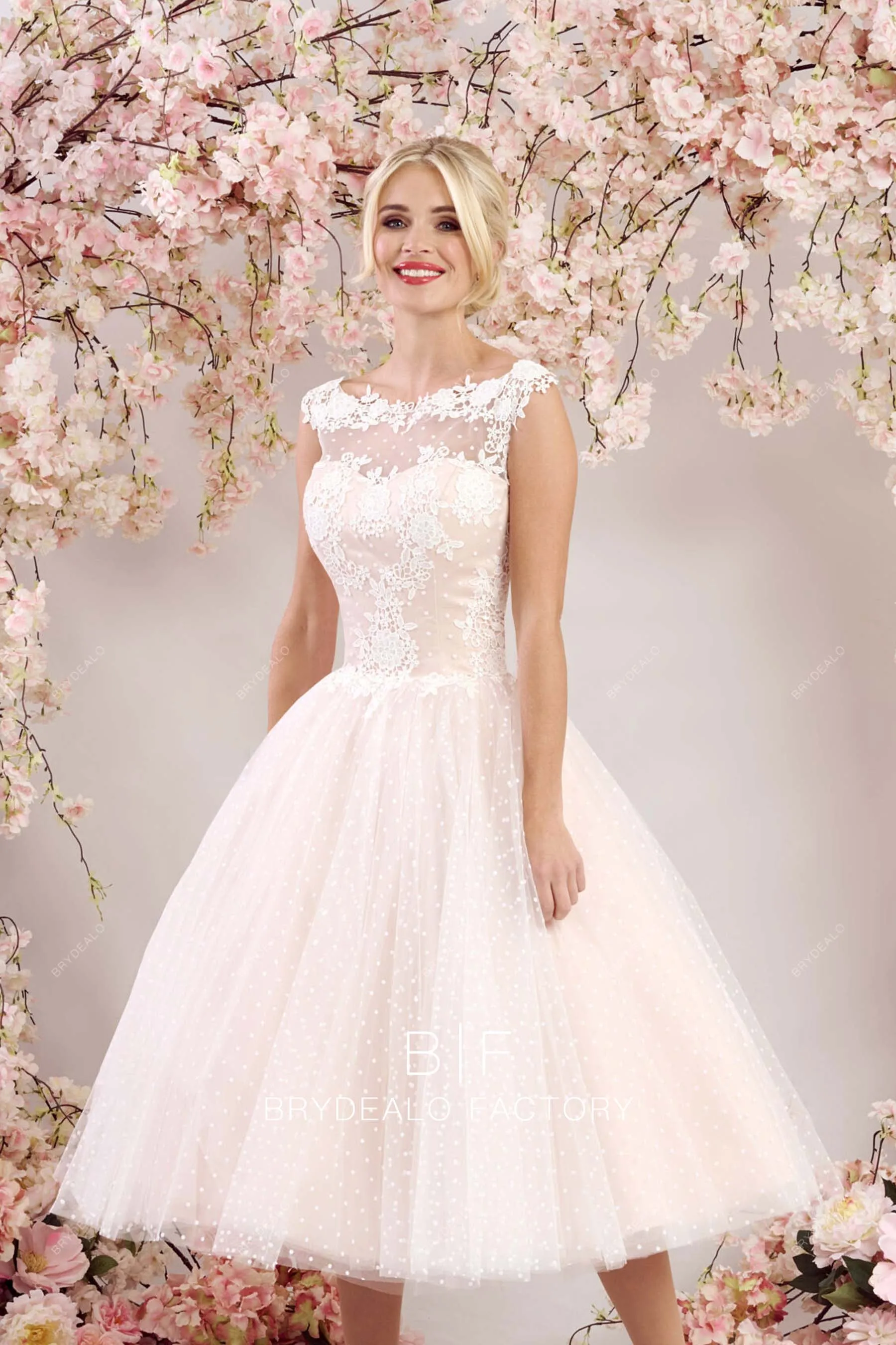 Vintage Blush Pink Dot Tulle Lace Illusion Neck Tea Length Bridal Gown