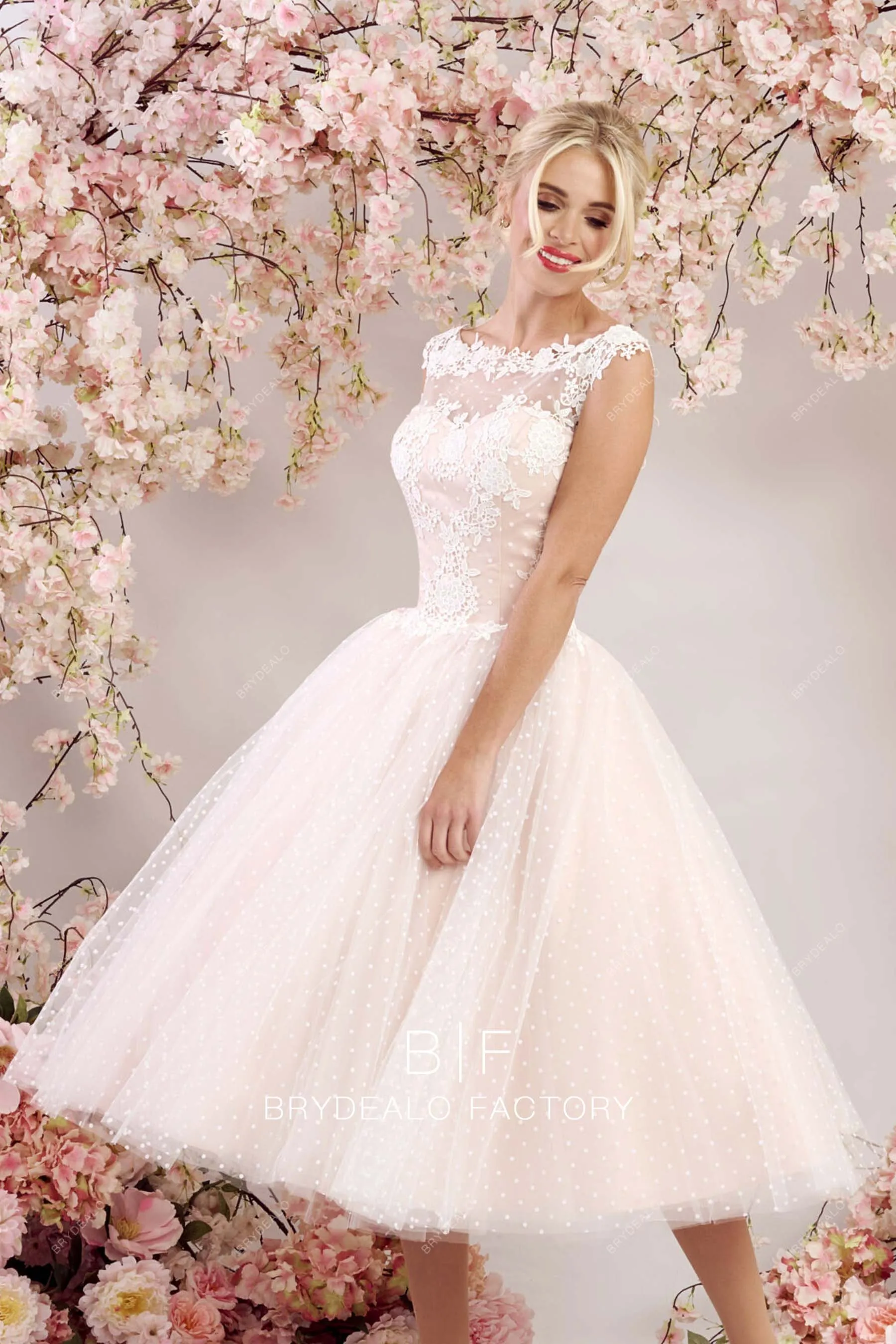 Vintage Blush Pink Dot Tulle Lace Illusion Neck Tea Length Bridal Gown
