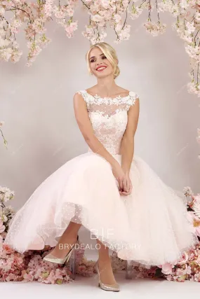 Vintage Blush Pink Dot Tulle Lace Illusion Neck Tea Length Bridal Gown