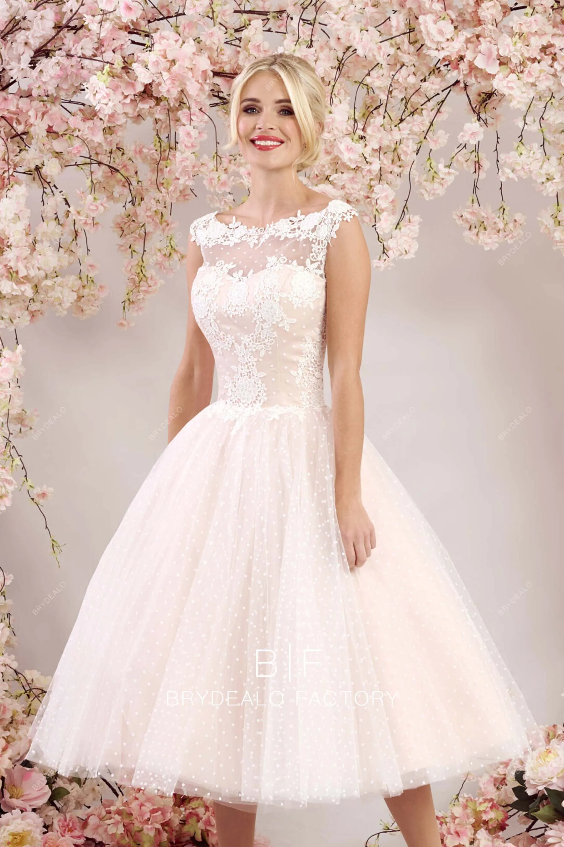 Vintage Blush Pink Dot Tulle Lace Illusion Neck Tea Length Bridal Gown